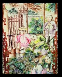 Detail of a vase with men watering tea plants